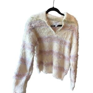 Absolutely Fuzzy Striped Sweater Collared Button‎ Up Pullover Large